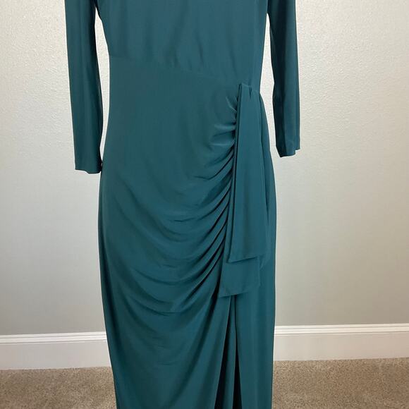 XSCAPE Long Sleeve Column Evening Gown Green Size 12 Thigh Slit Formal Dress - Picture 7 of 14